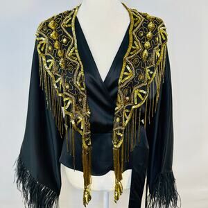 Vintage 1980’s Beaded and Sequin Mesh Statement Scarf with Fringe